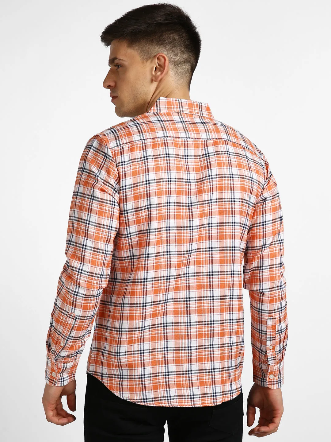 Men's Orange Cotton Full Sleeve Slim Fit Casual Checkered Shirt