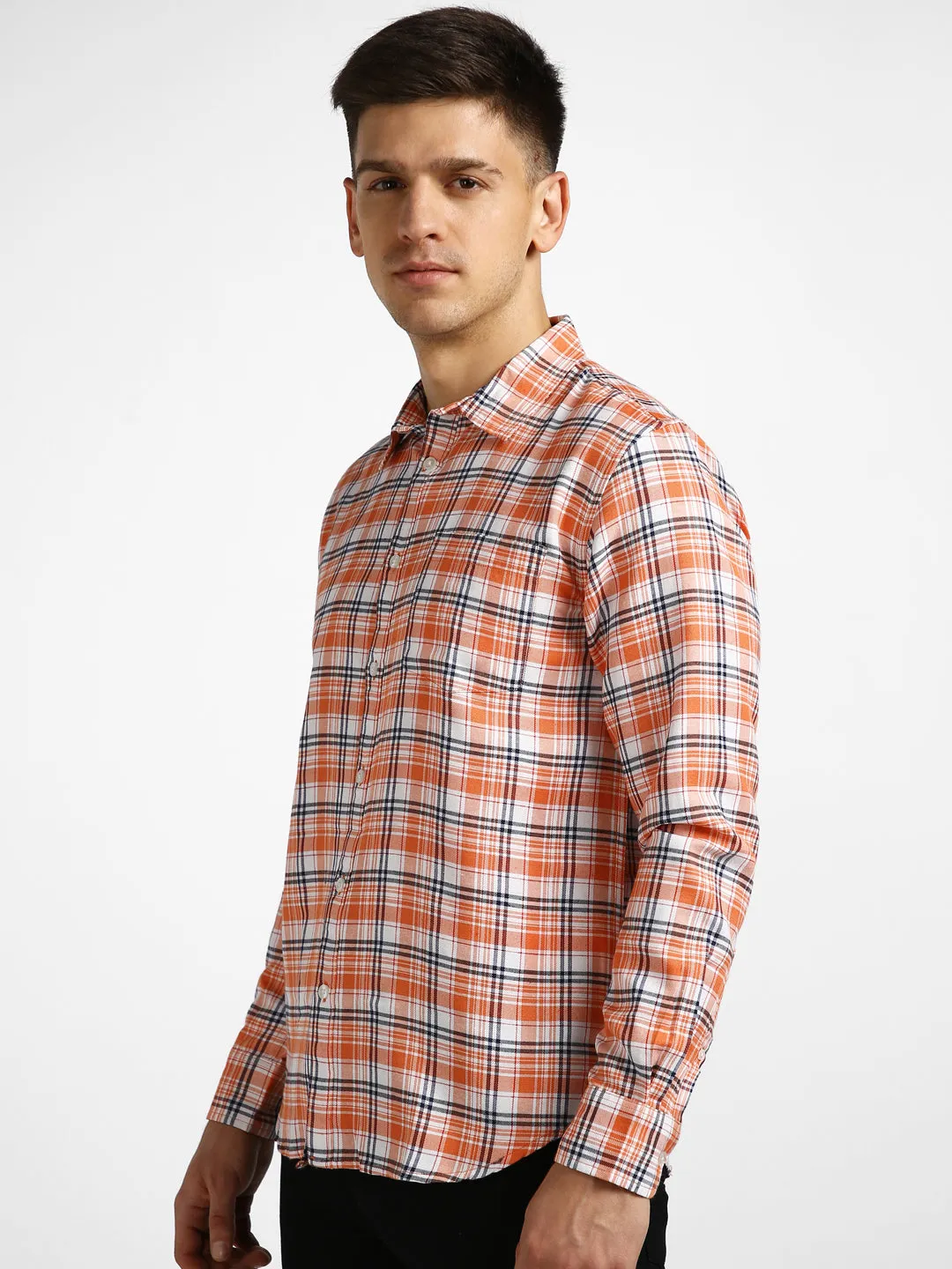 Men's Orange Cotton Full Sleeve Slim Fit Casual Checkered Shirt