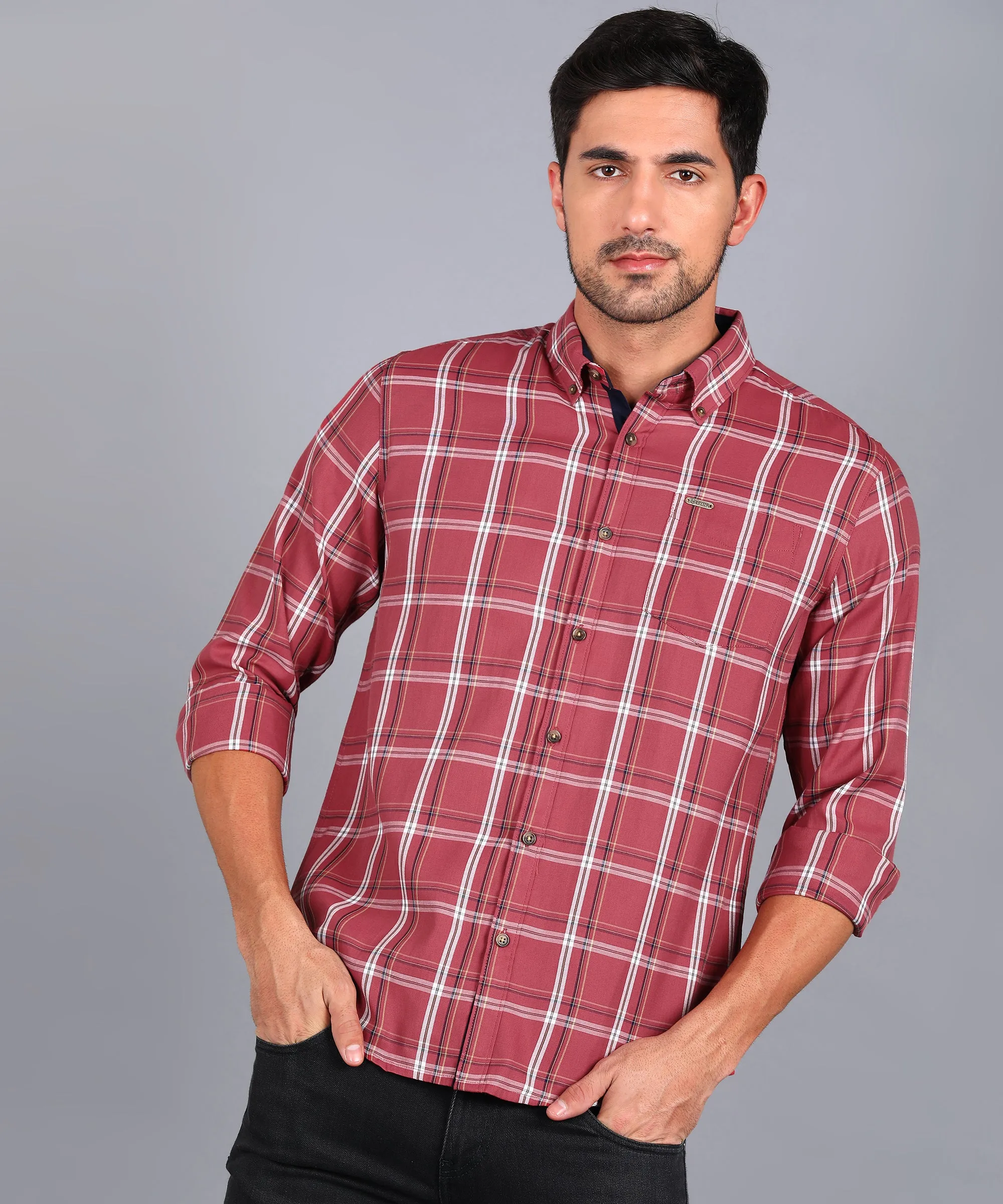 Men's Red Cotton Full Sleeve Slim Fit Casual Checkered Shirt