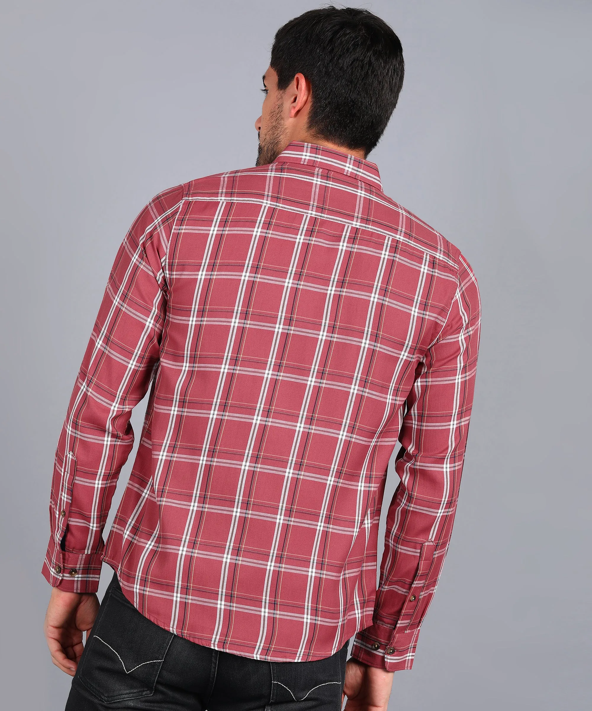 Men's Red Cotton Full Sleeve Slim Fit Casual Checkered Shirt