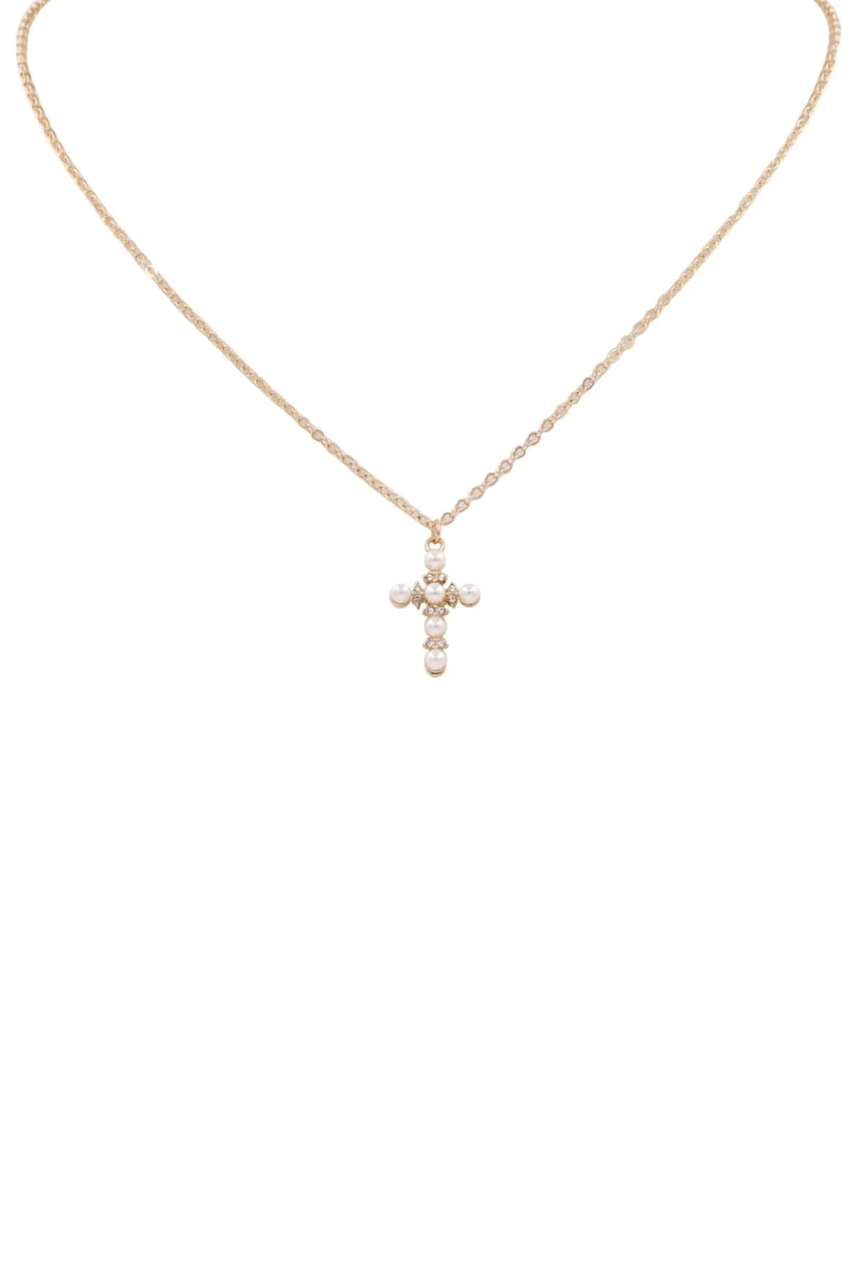 Metal Cross Rhinestone & Pearl Necklace- Gold