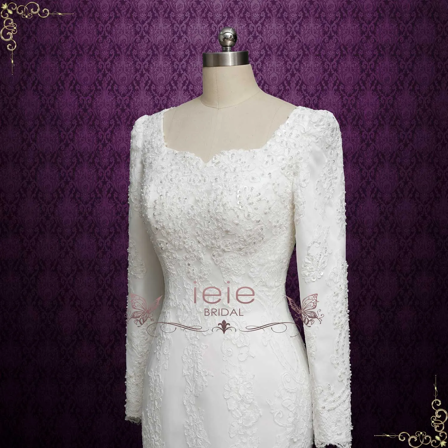 Modest Lace Wedding Dress with Long Sleeves ELLISiNA