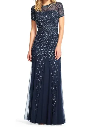 Navy Embellished Short Sleeves Mermaid Gown