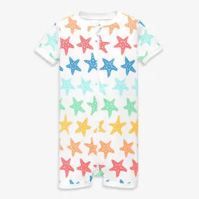 Organic short sleeve zip romper in rainbow starfish