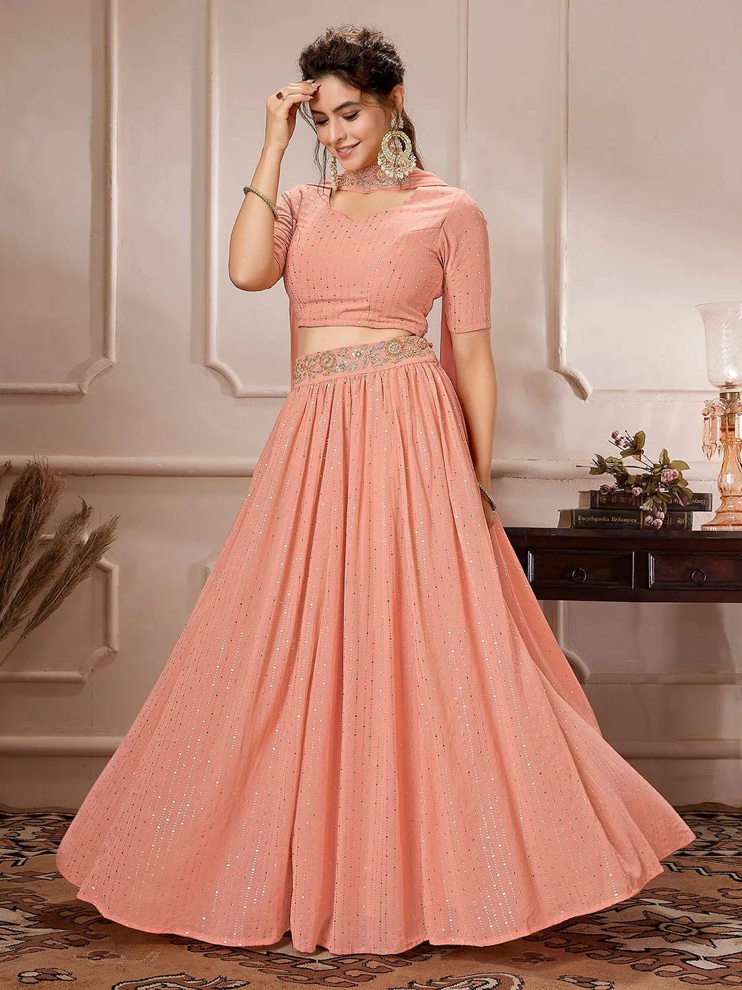 Peach Georgette Foil Printed Gathered Embellished Lehenga Choli Set