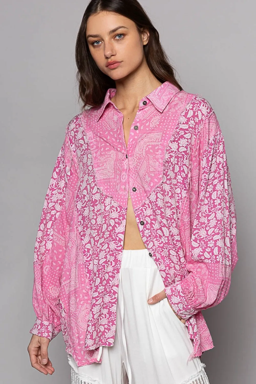 Pink Paisley Button Down Long Sleeve Print Shirt