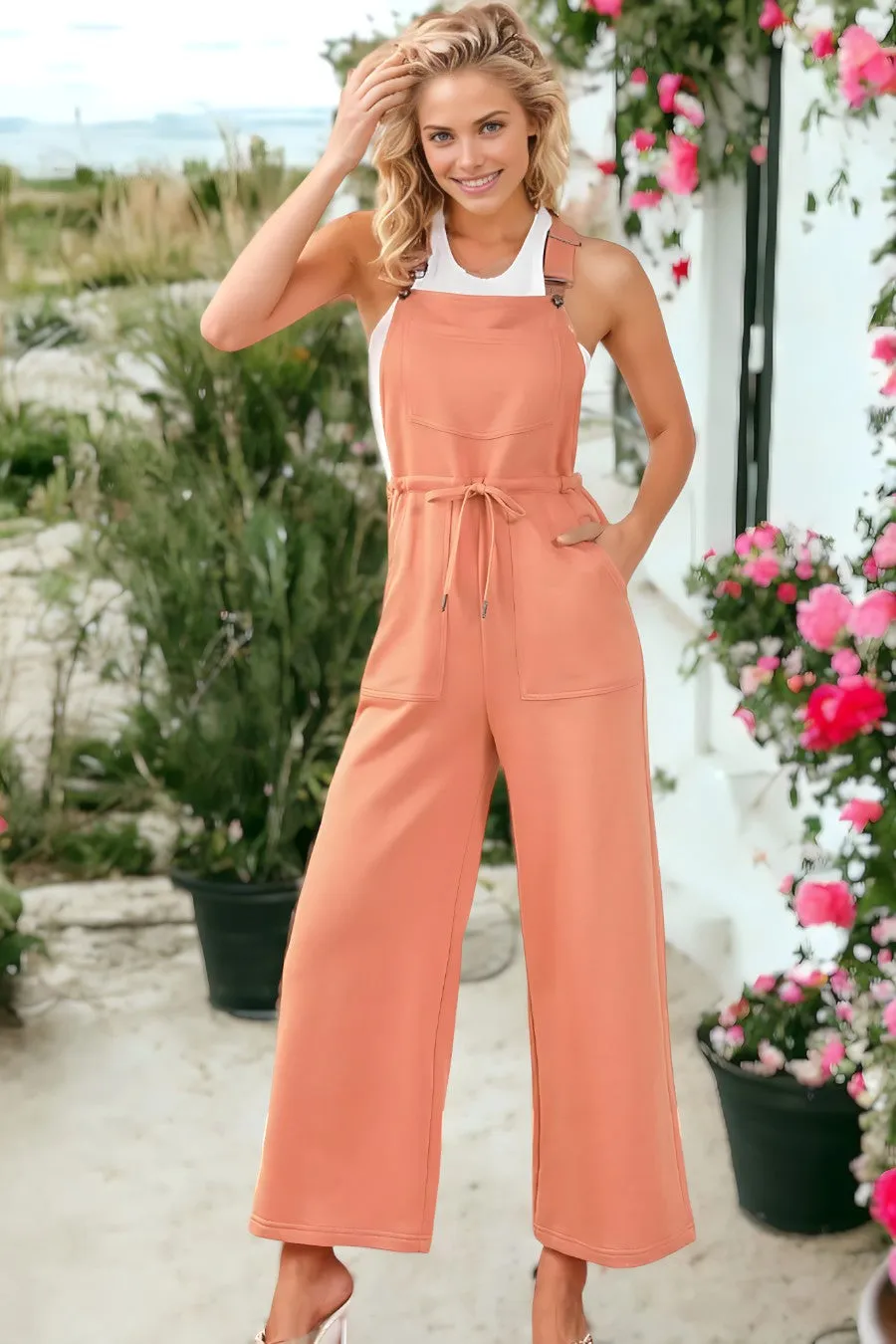 Pocketed Drawstring Wide Leg Overalls