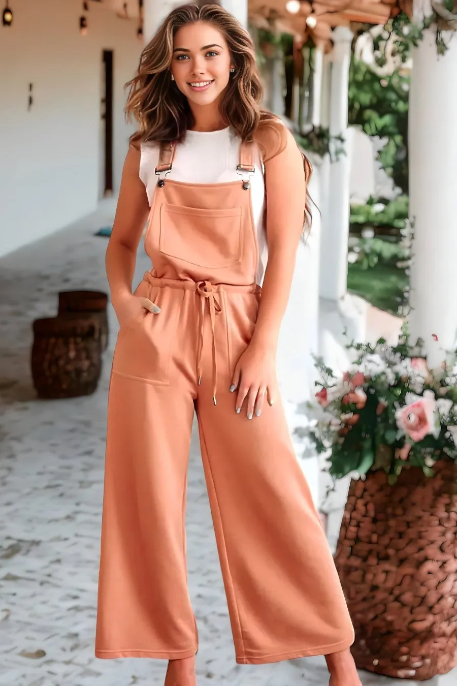 Pocketed Drawstring Wide Leg Overalls