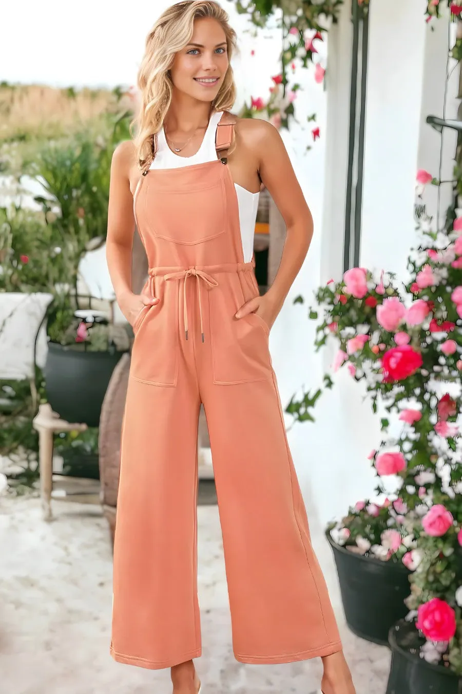 Pocketed Drawstring Wide Leg Overalls