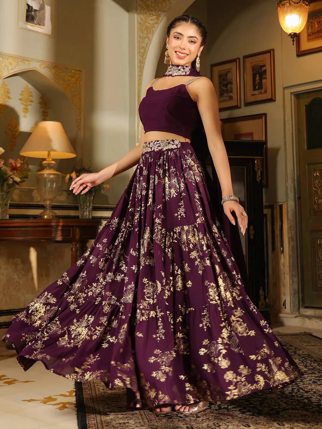 Purple Georgette Embellished Foil Printed Tiered Lehenga Choli Set