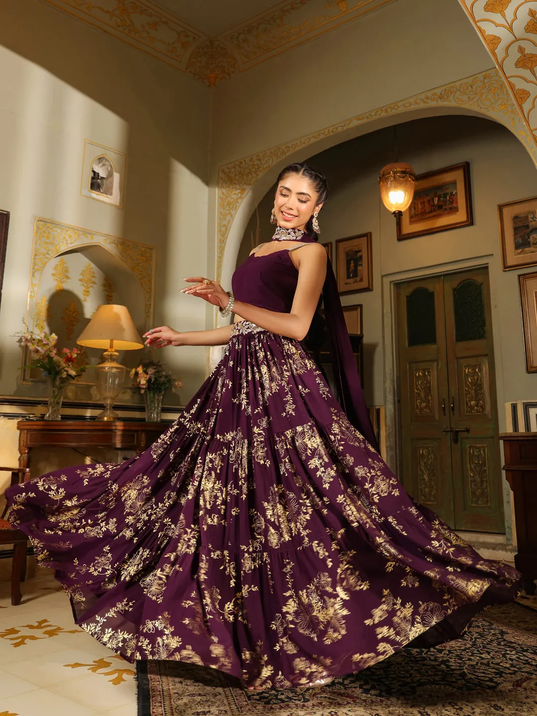 Purple Georgette Embellished Foil Printed Tiered Lehenga Choli Set