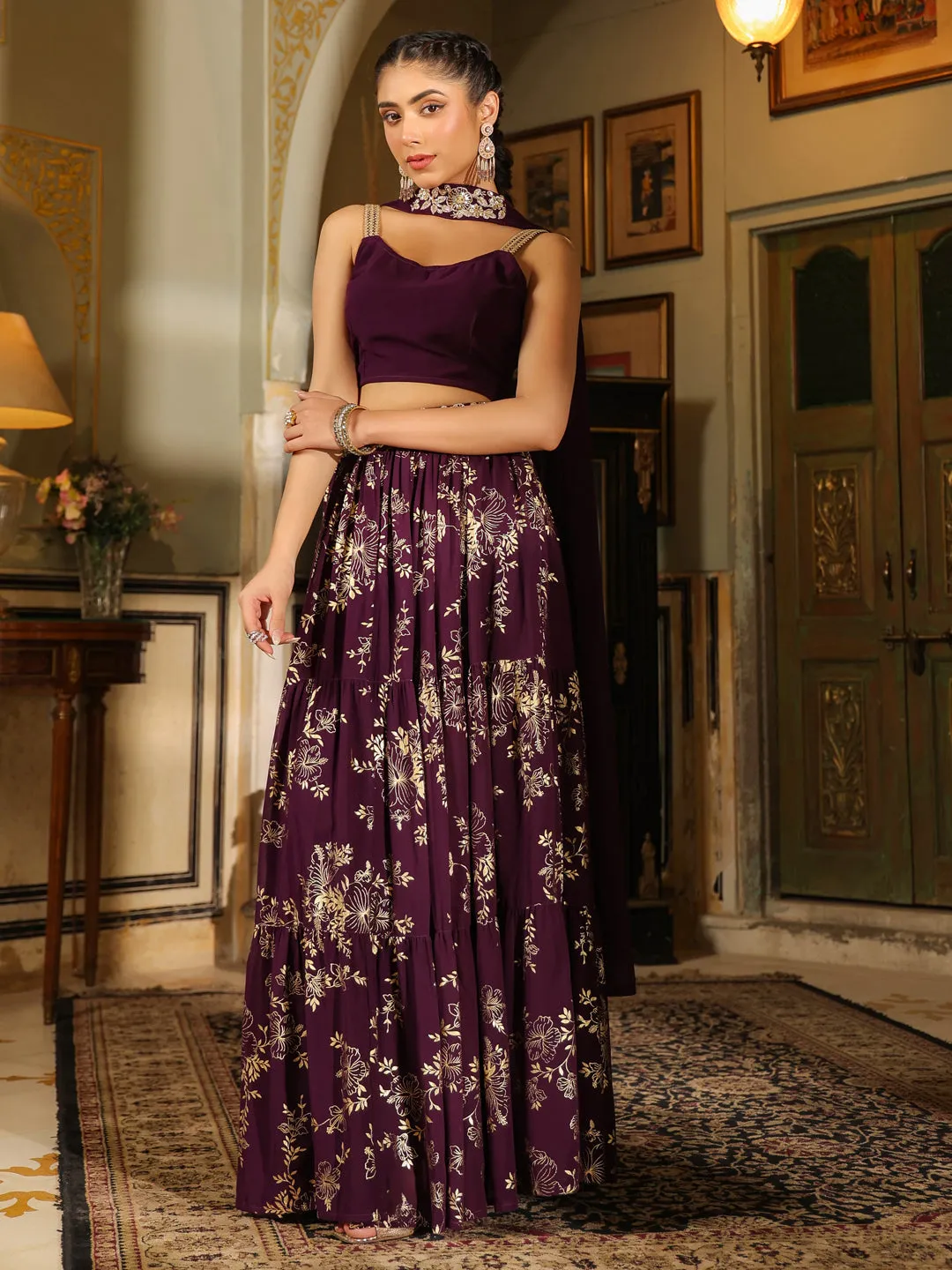 Purple Georgette Embellished Foil Printed Tiered Lehenga Choli Set