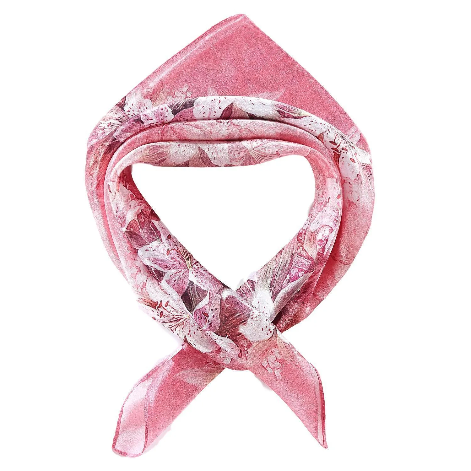 Silk Neckerchief Small Square Silk Scarf Pink Theme Lily Print XFD207