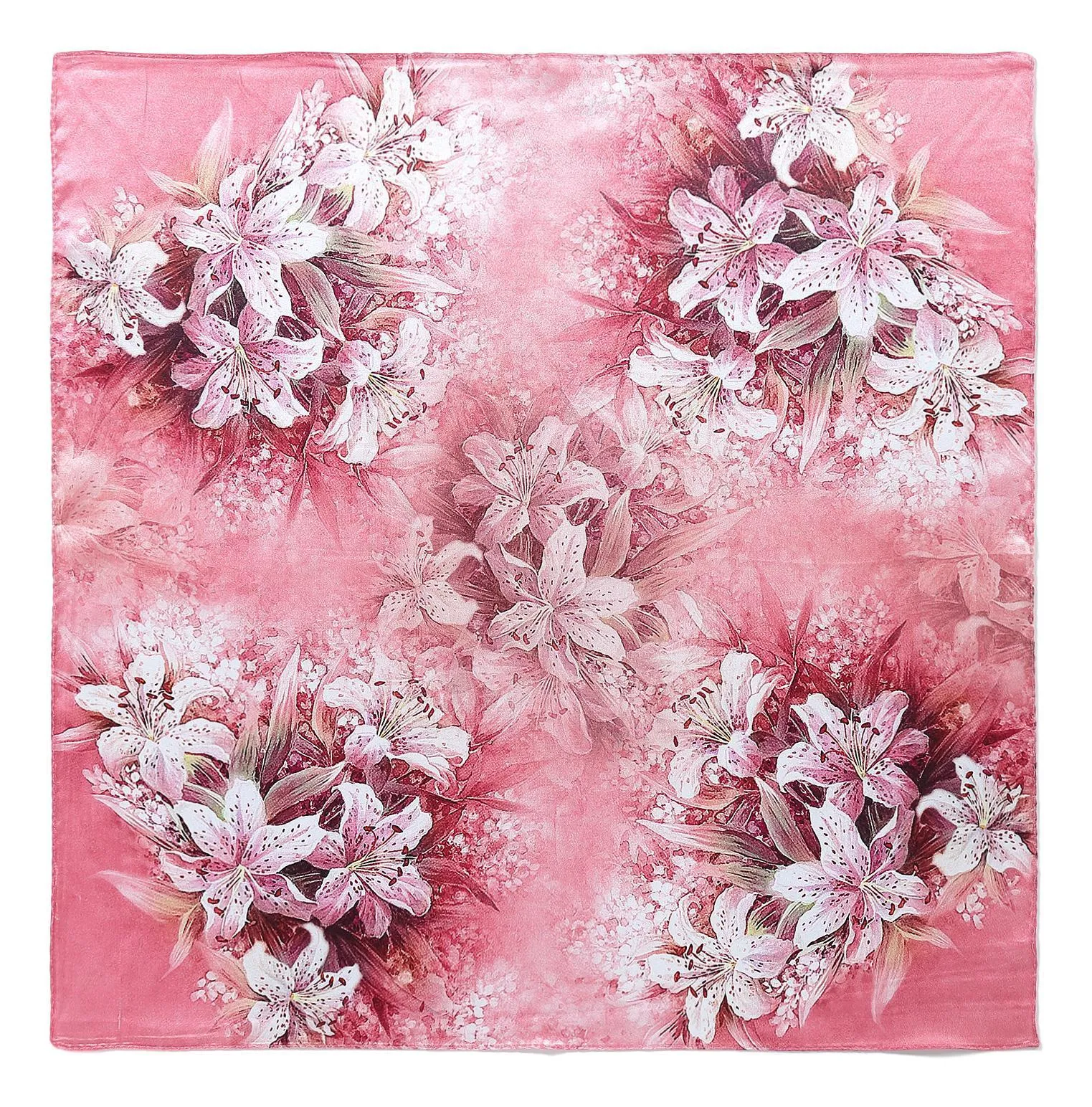 Silk Neckerchief Small Square Silk Scarf Pink Theme Lily Print XFD207