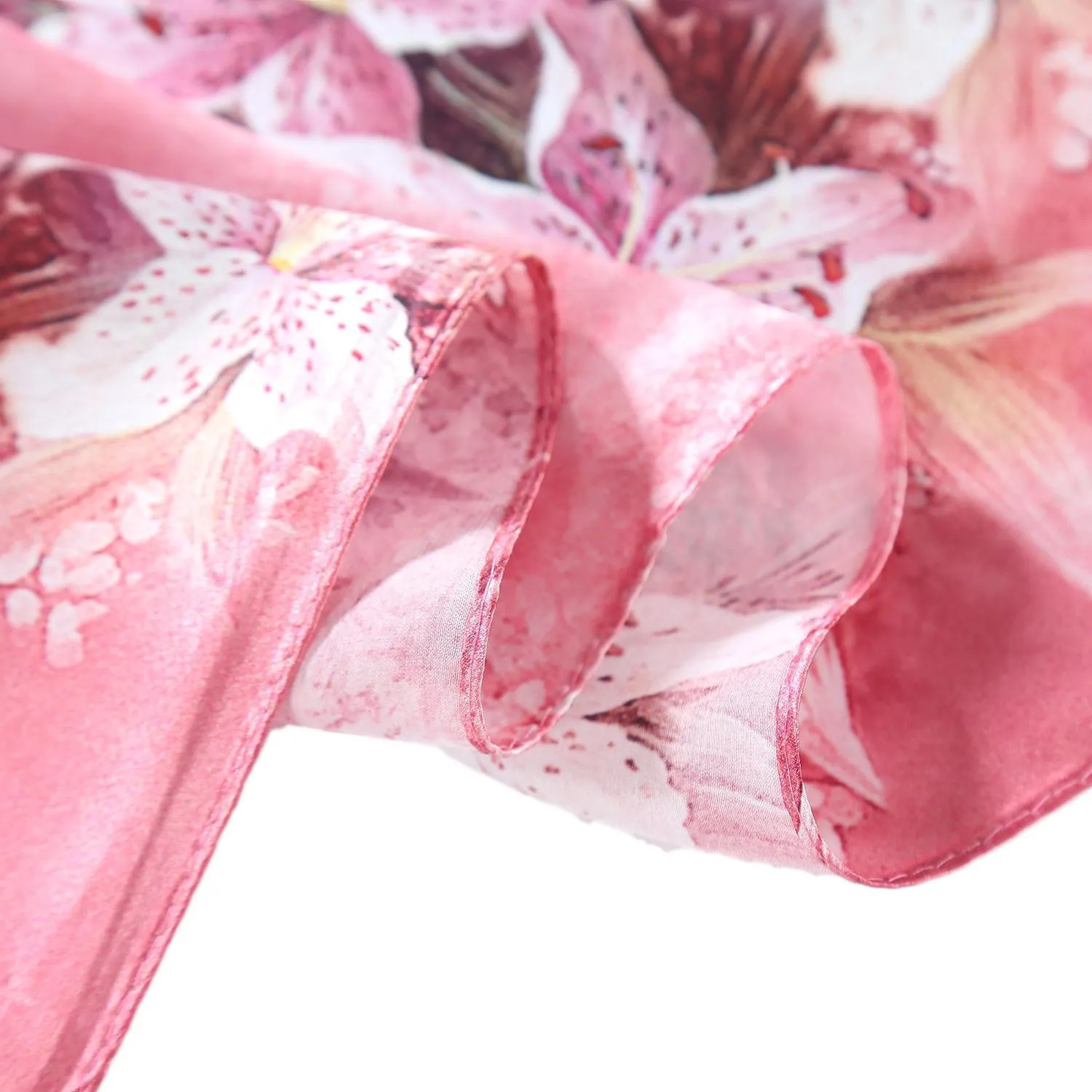 Silk Neckerchief Small Square Silk Scarf Pink Theme Lily Print XFD207