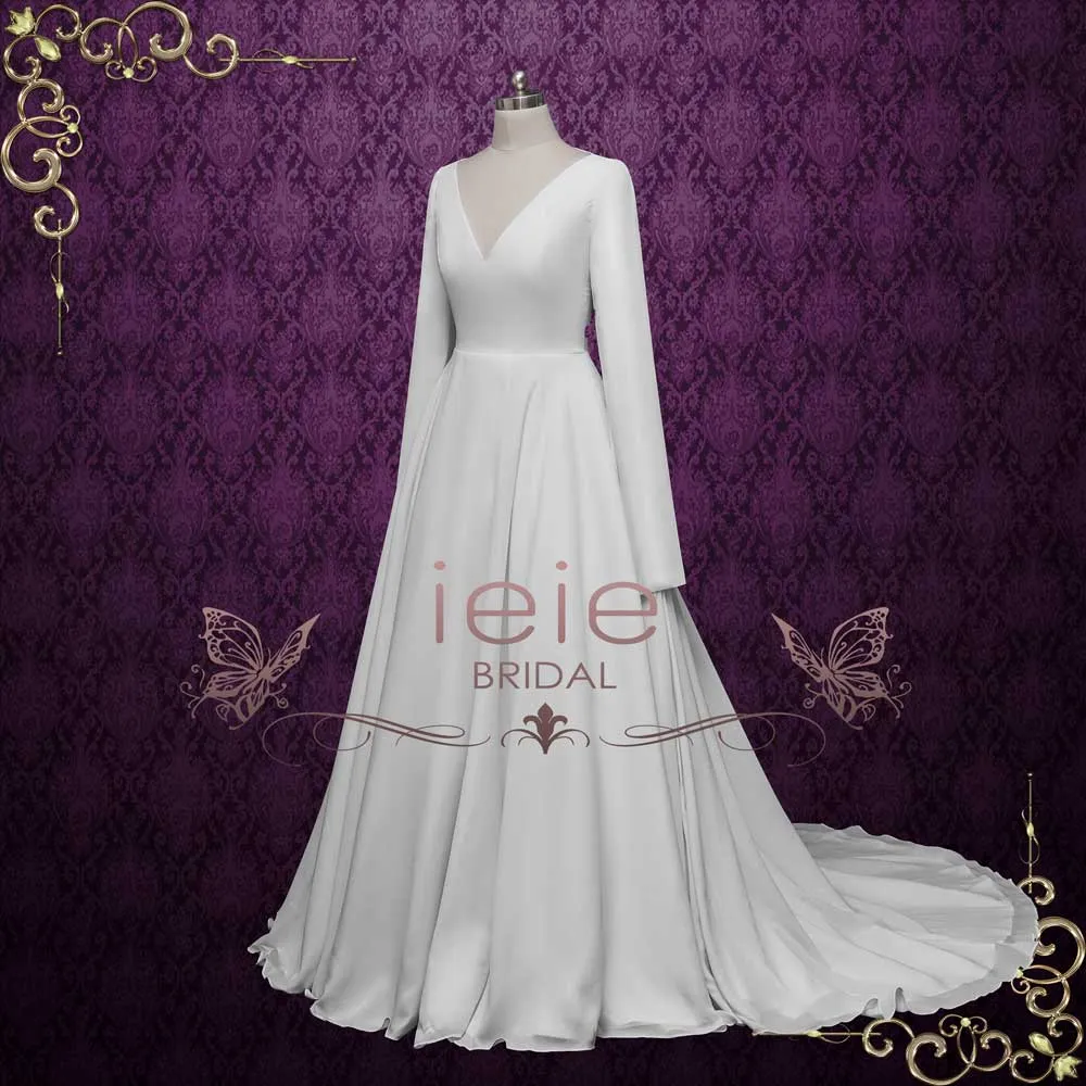 Simple Elegant Chiffon A-line Wedding Dress with Sleeves | MELIA