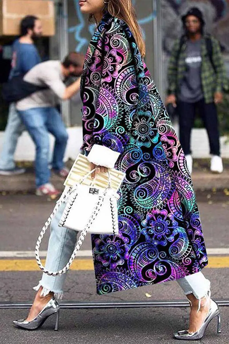 Street Elegant Print Patchwork Turn-back Collar Outerwear