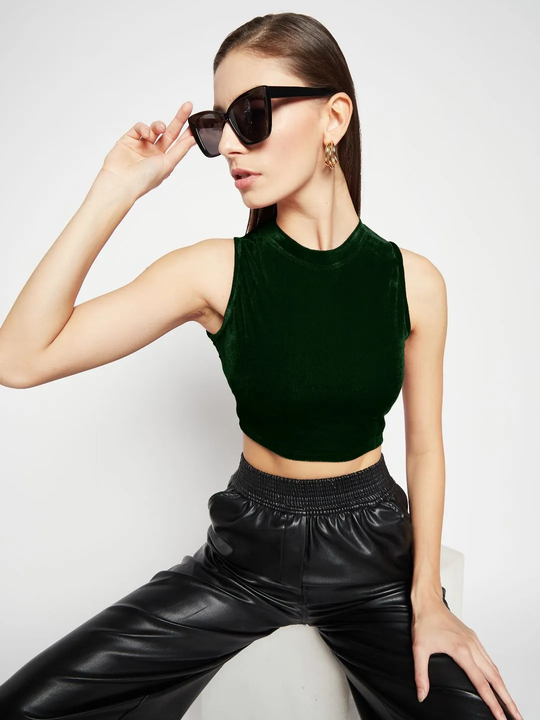 Stretchable Velvet High Neck Crop Top