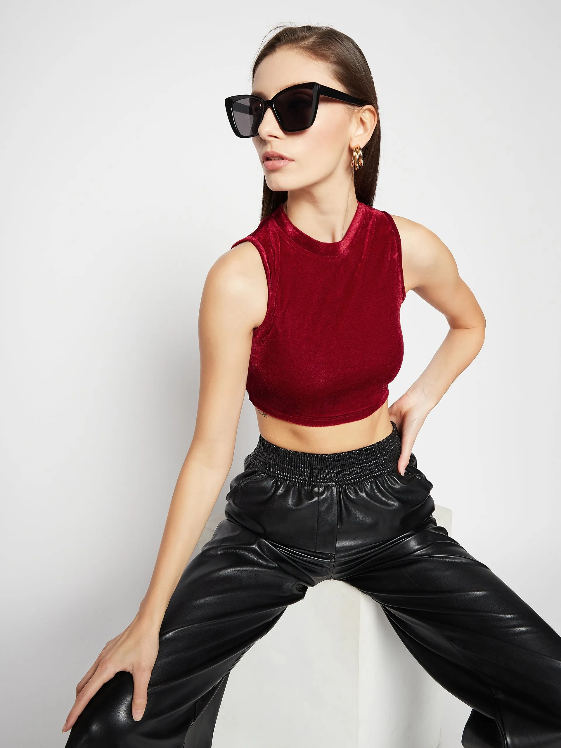 Stretchable Velvet High Neck Crop Top