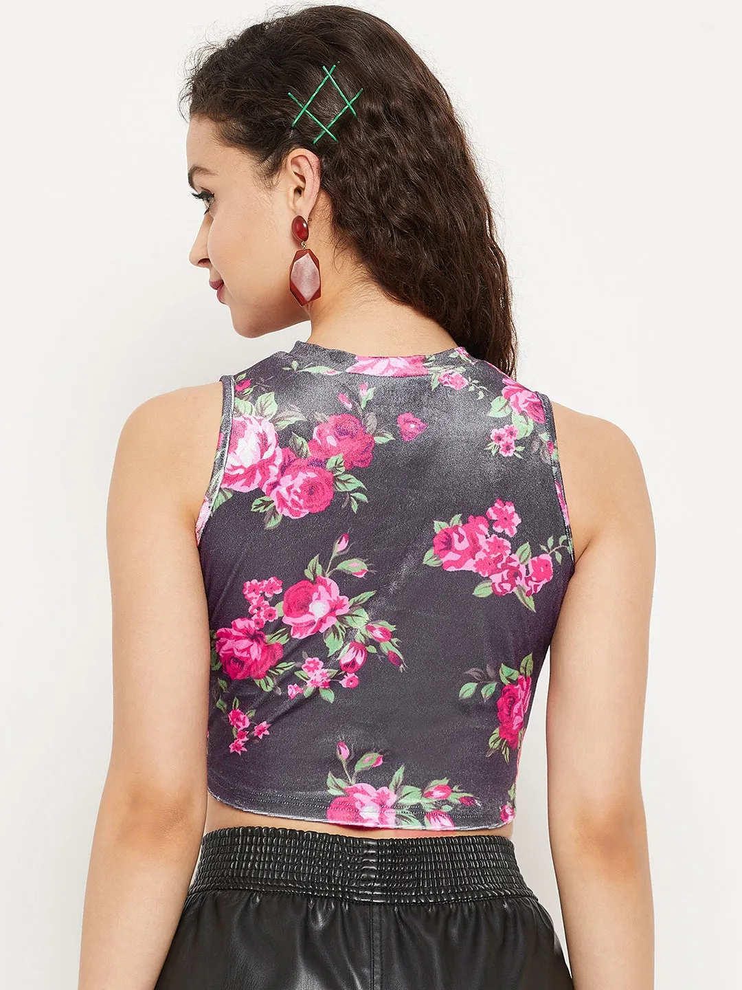 Stretchable Velvet High Neck Crop Top