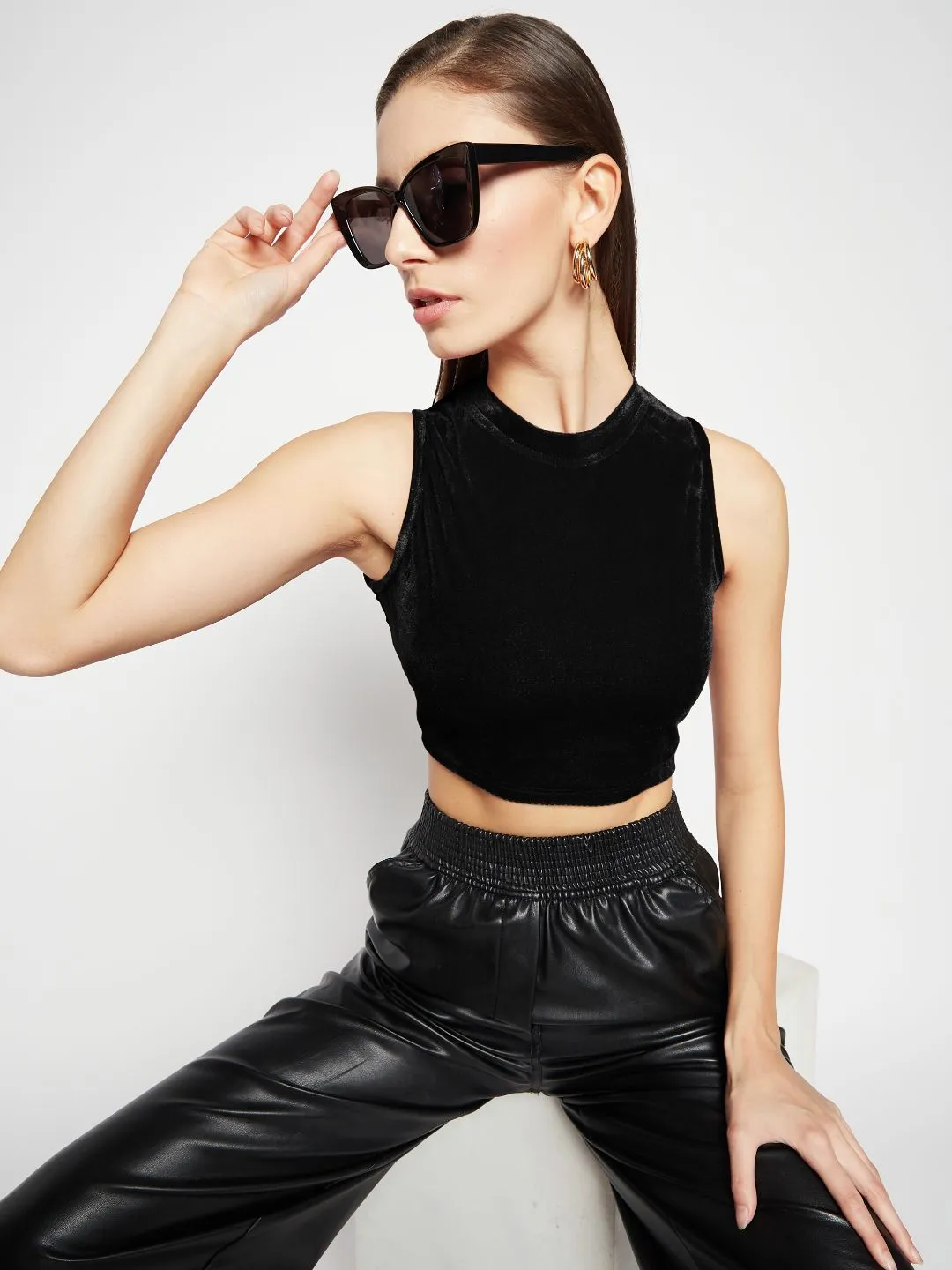 Stretchable Velvet High Neck Crop Top