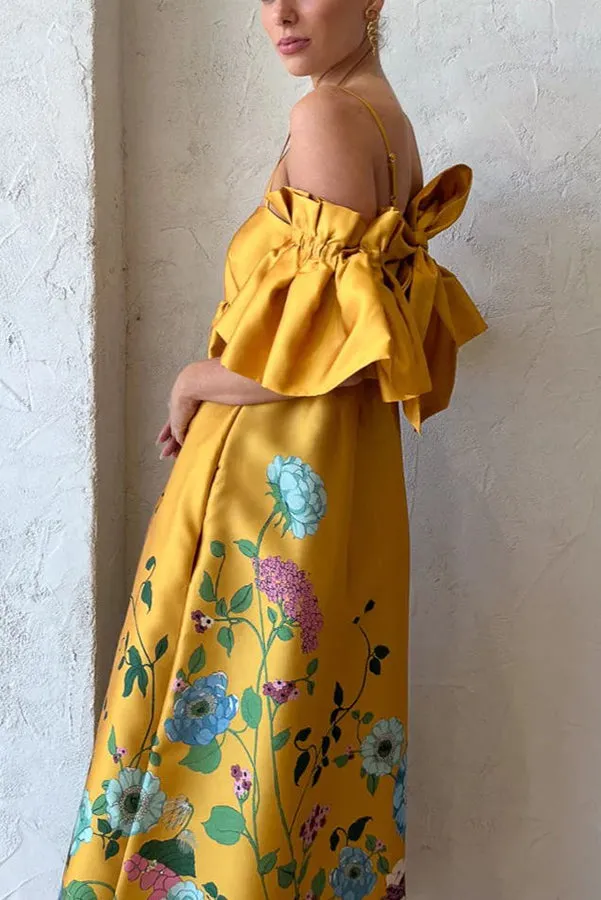 Sweetest Marigold Printed Gathered Sleeve Pocketed A-line Midi Dress