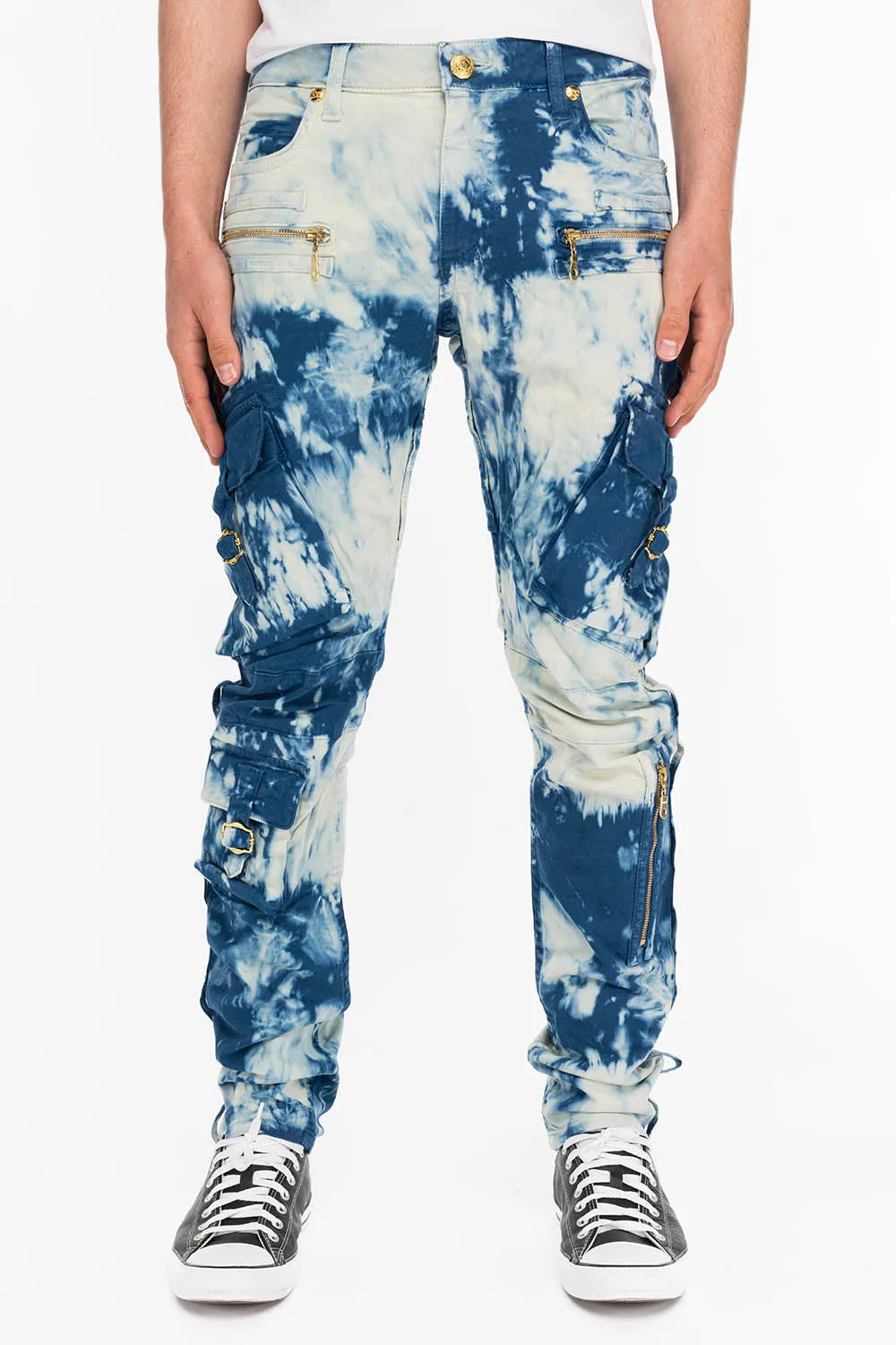 TIEDYE WASH MILITARY STYLE MENS CARGO PANTS IN BLUE AND WHITE