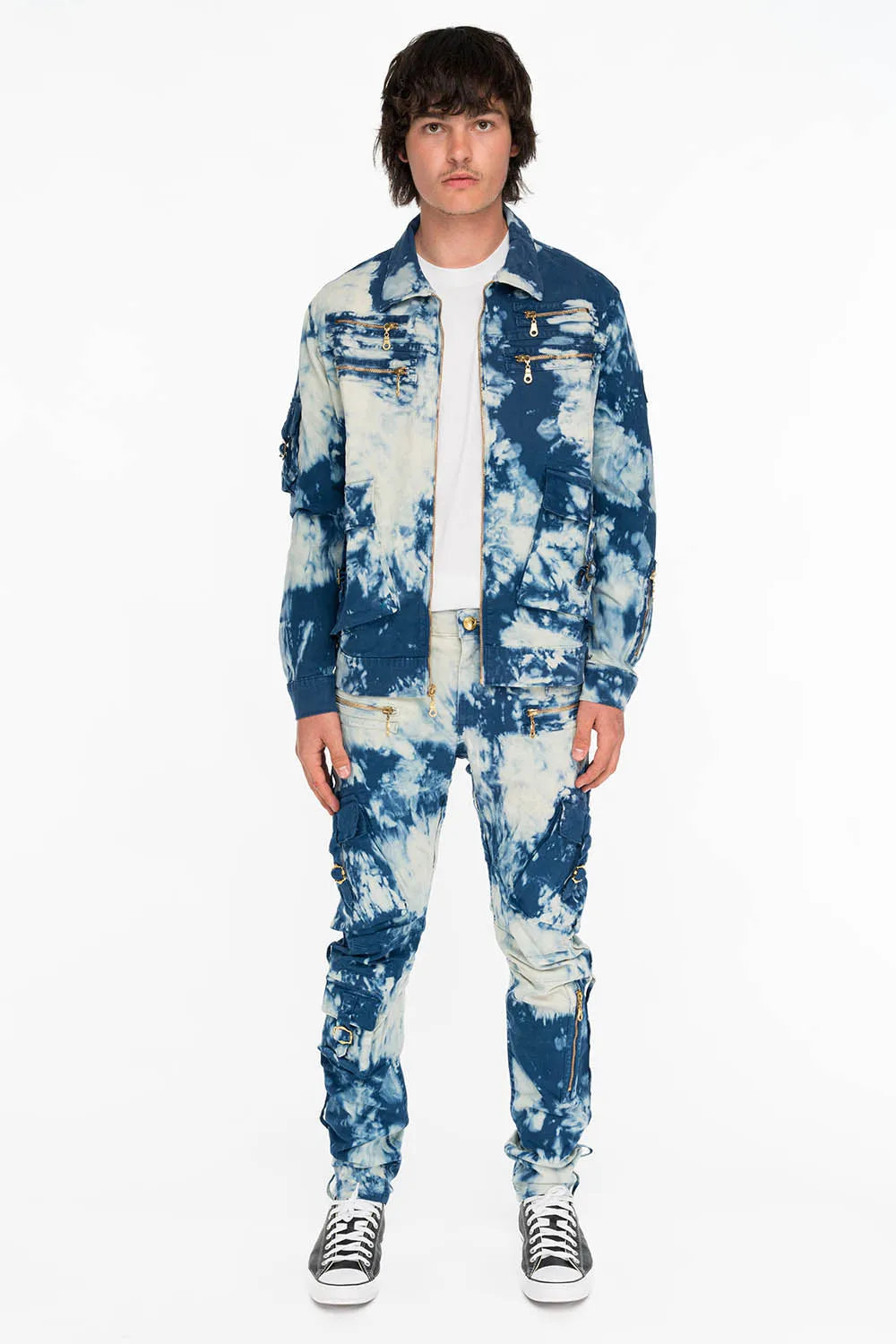 TIEDYE WASH MILITARY STYLE MENS CARGO PANTS IN BLUE AND WHITE