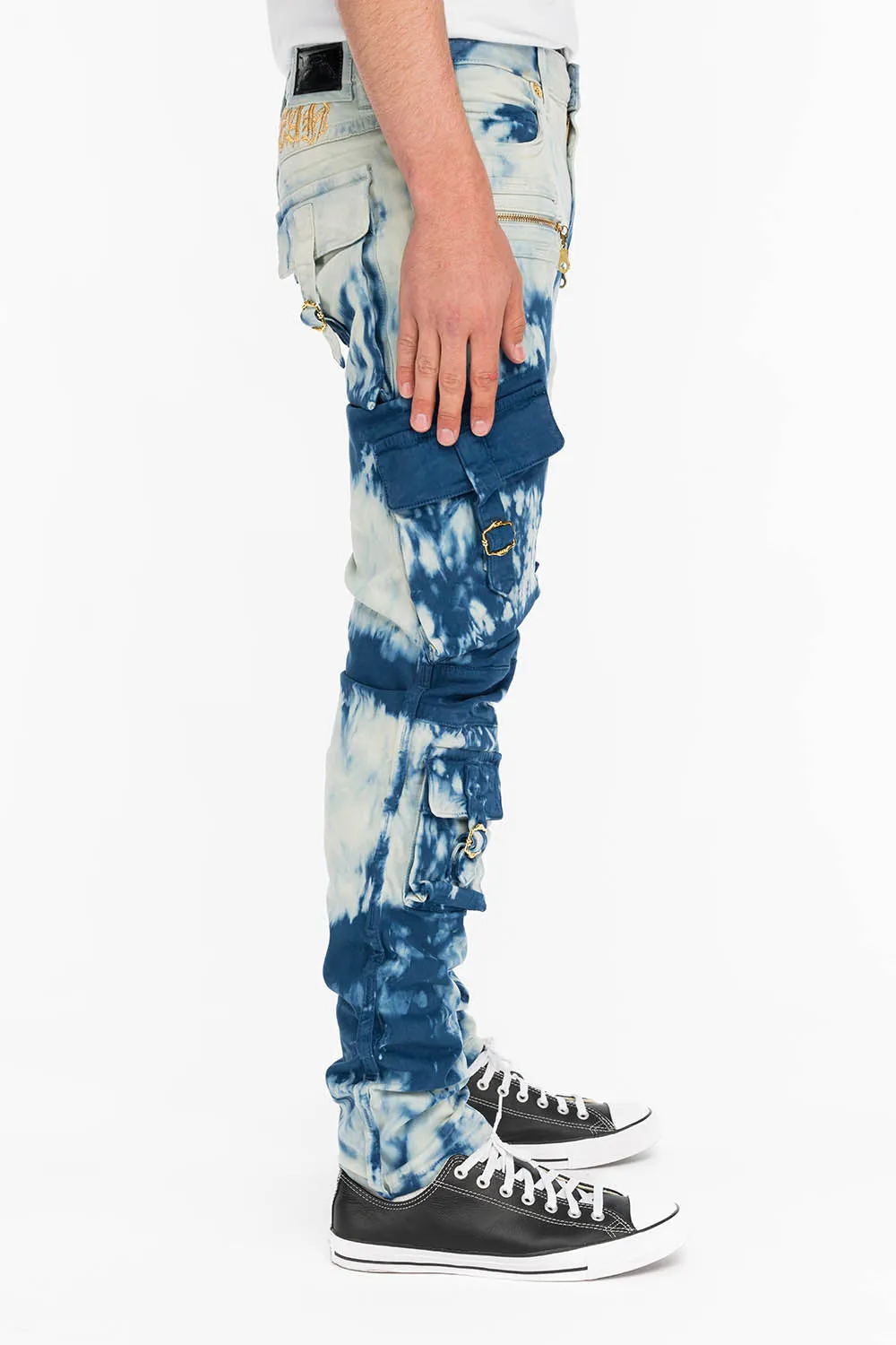 TIEDYE WASH MILITARY STYLE MENS CARGO PANTS IN BLUE AND WHITE