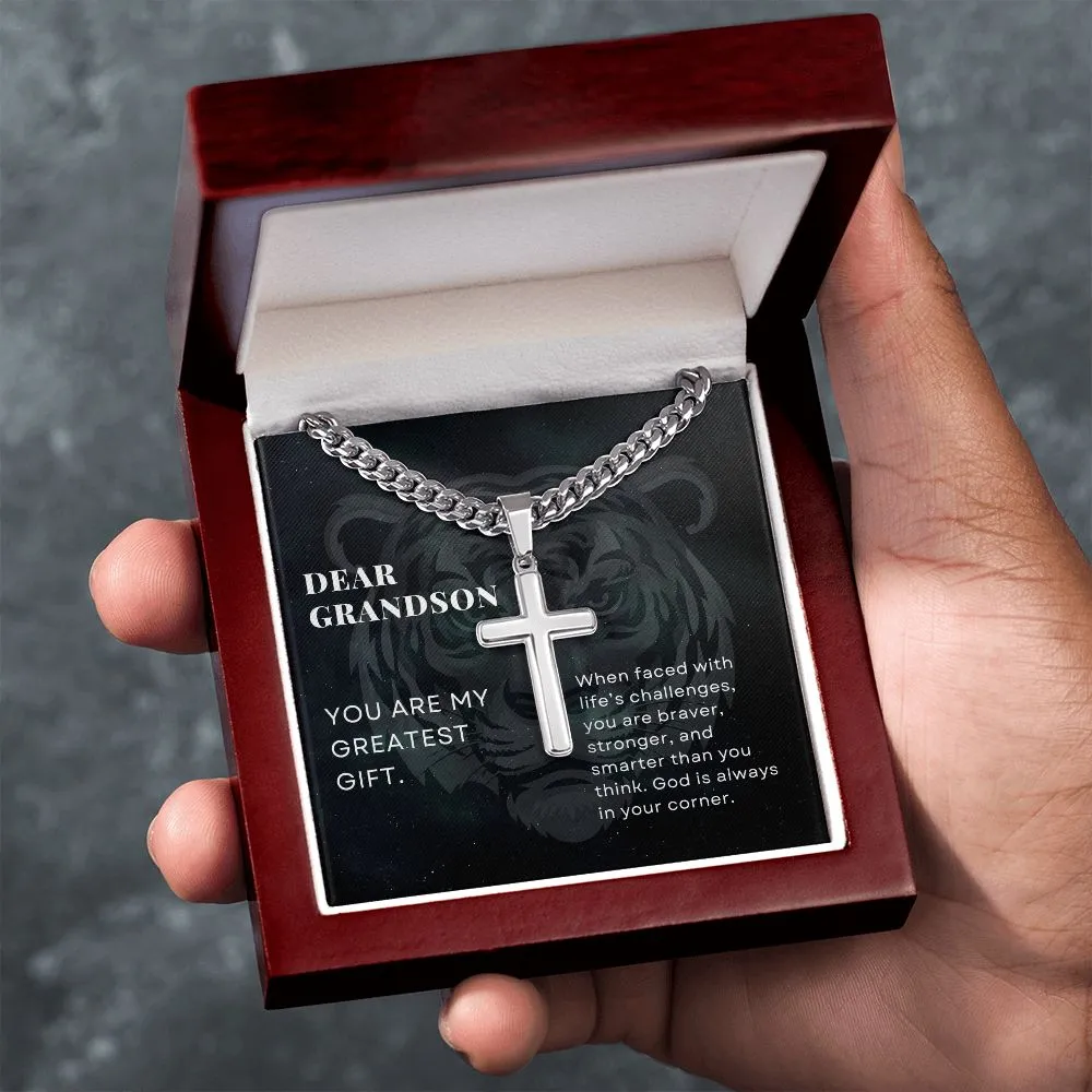 To Grandson Gift, God is Always in your Corner, Encouragement From Grandparents, Stainless Steel Cross Pendant Cuban Chain Necklace