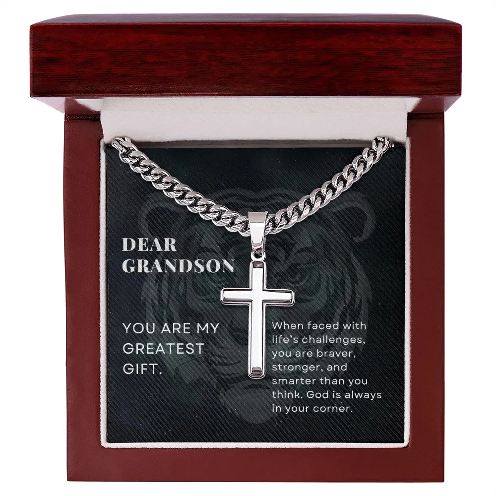 To Grandson Gift, God is Always in your Corner, Encouragement From Grandparents, Stainless Steel Cross Pendant Cuban Chain Necklace