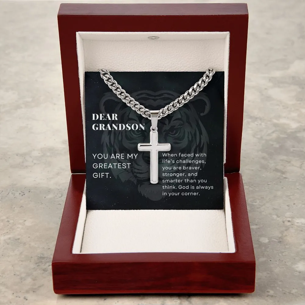 To Grandson Gift, God is Always in your Corner, Encouragement From Grandparents, Stainless Steel Cross Pendant Cuban Chain Necklace