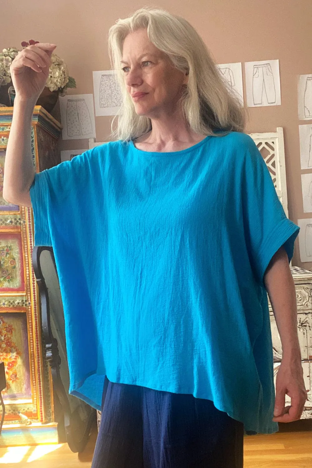 Turquoise Oversized Curved Hem Top