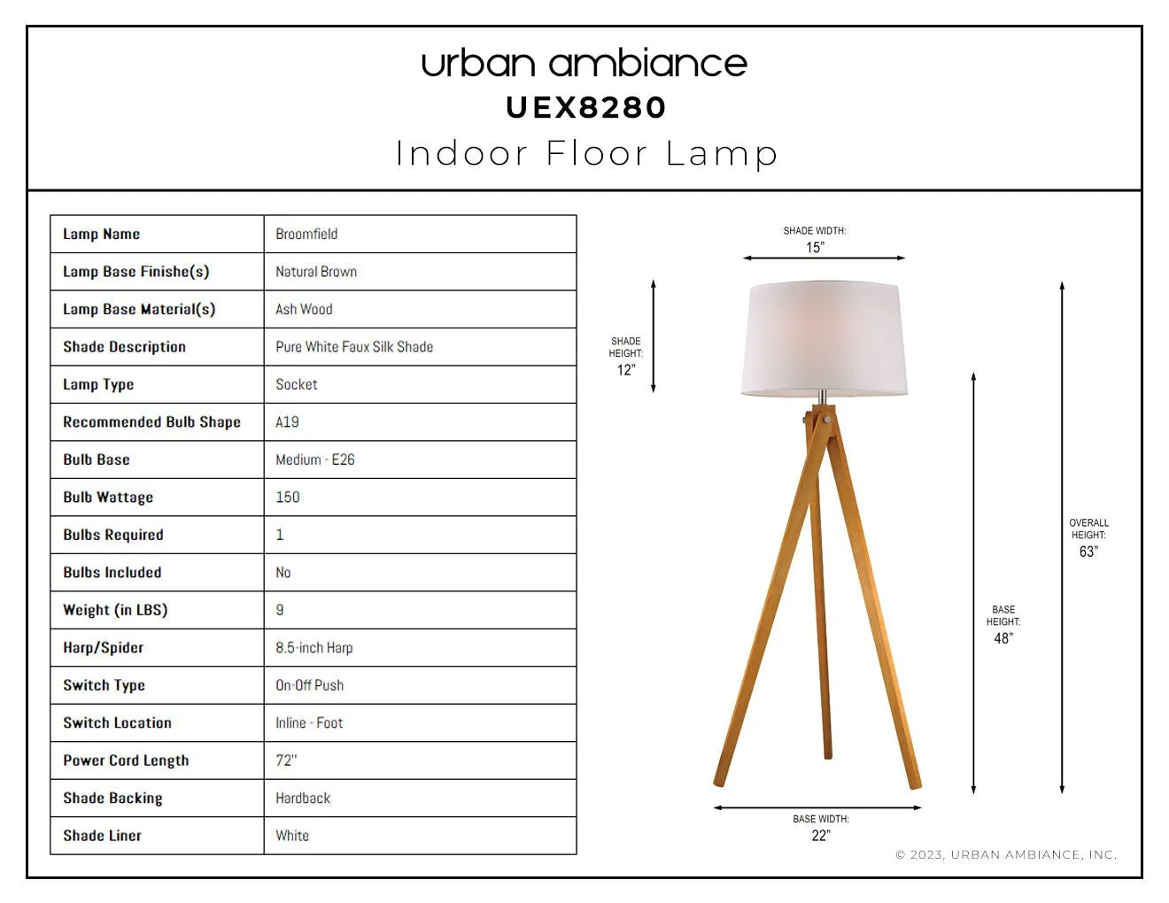 UEX8280 Mid-Century Modern Floor Lamp 19''W x 19''D x 63''H, Natural Brown Finish, Broomfield Collection