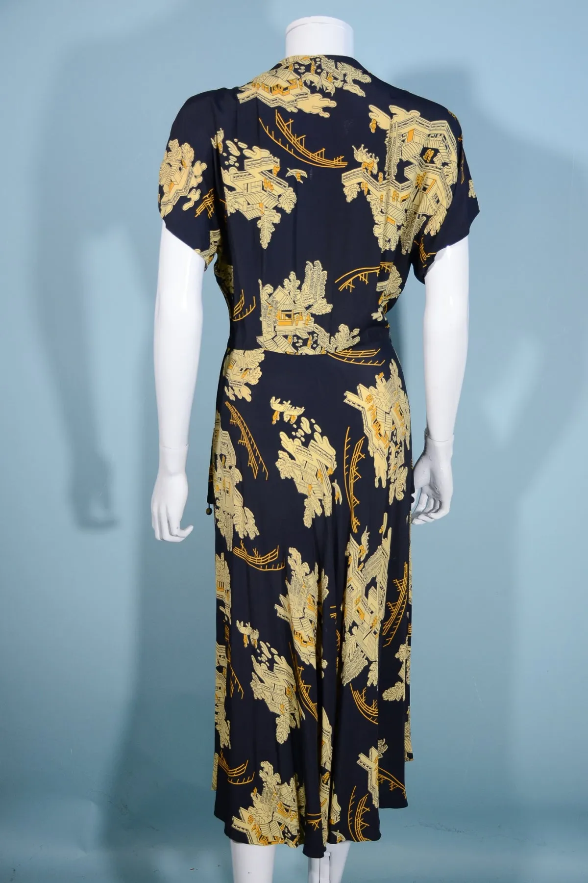 Vintage 40s Navy Asian Novelty Print Dress, Tassel Detail Draped Skirt 28" Waist