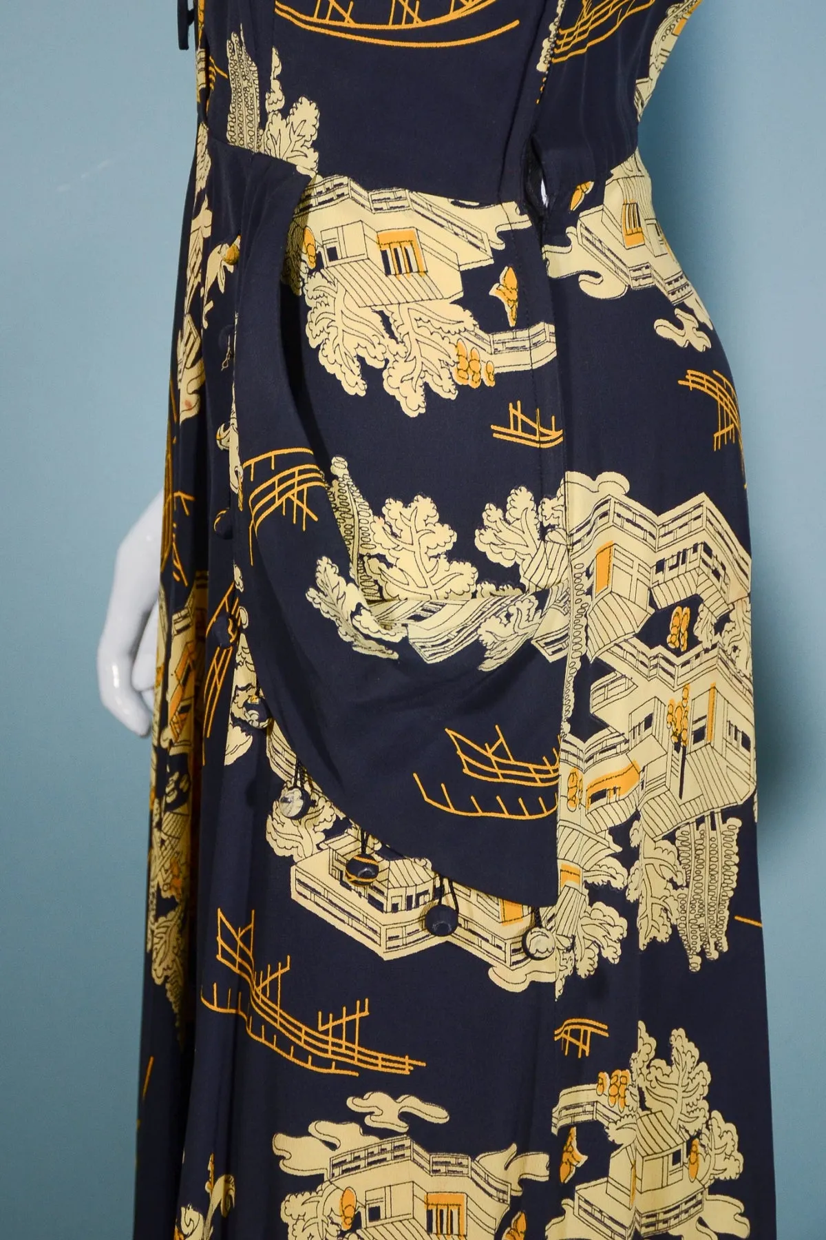 Vintage 40s Navy Asian Novelty Print Dress, Tassel Detail Draped Skirt 28" Waist