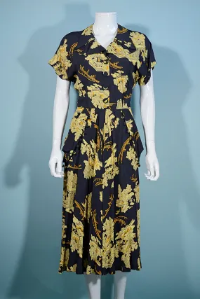 Vintage 40s Navy Asian Novelty Print Dress, Tassel Detail Draped Skirt 28" Waist