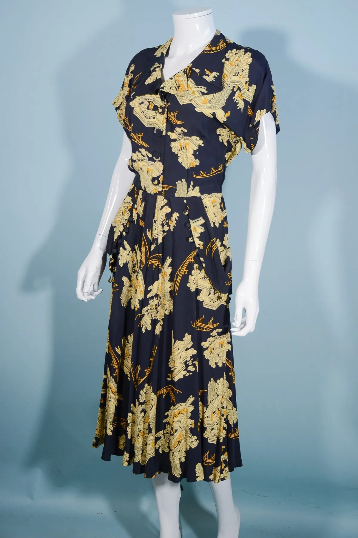 Vintage 40s Navy Asian Novelty Print Dress, Tassel Detail Draped Skirt 28" Waist