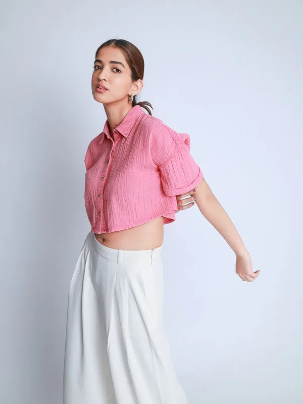 Vintage Washed Oversized Crop Cotton Shirt