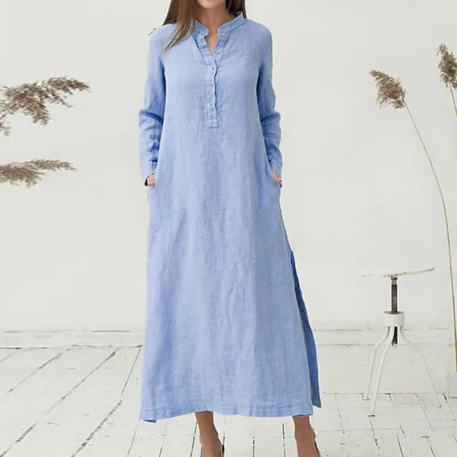 Women's Cotton Dress Pajamas Nightgown Nighty Pure Color Retro Comfort Home Daily Stand Collar Long Sleeve Button Summer Fall Spring White Blue