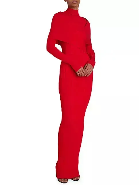 Women’s Cross-Over High-Neck Plissé Design Red Knit Maxi Dress