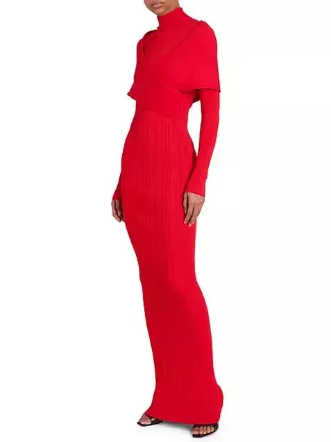 Women’s Cross-Over High-Neck Plissé Design Red Knit Maxi Dress