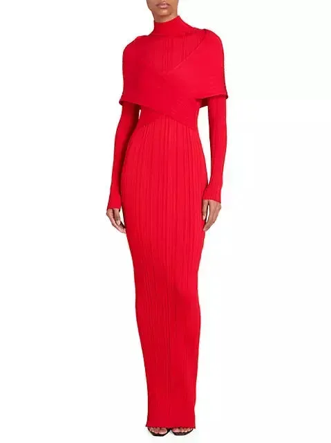 Women’s Cross-Over High-Neck Plissé Design Red Knit Maxi Dress