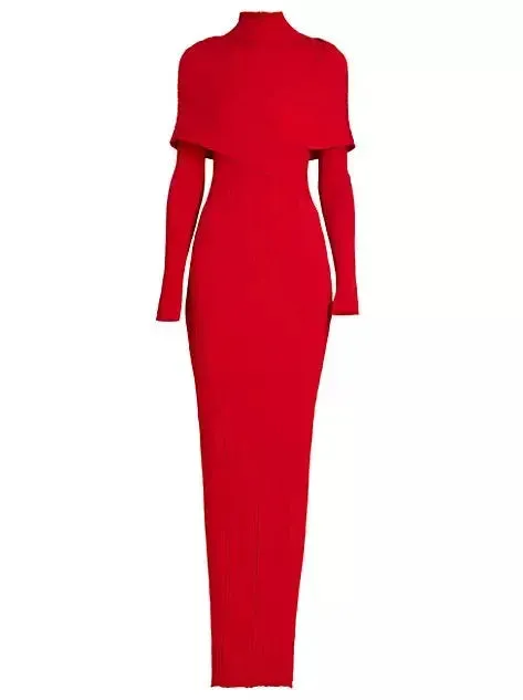 Women’s Cross-Over High-Neck Plissé Design Red Knit Maxi Dress