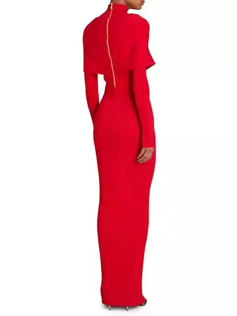 Women’s Cross-Over High-Neck Plissé Design Red Knit Maxi Dress