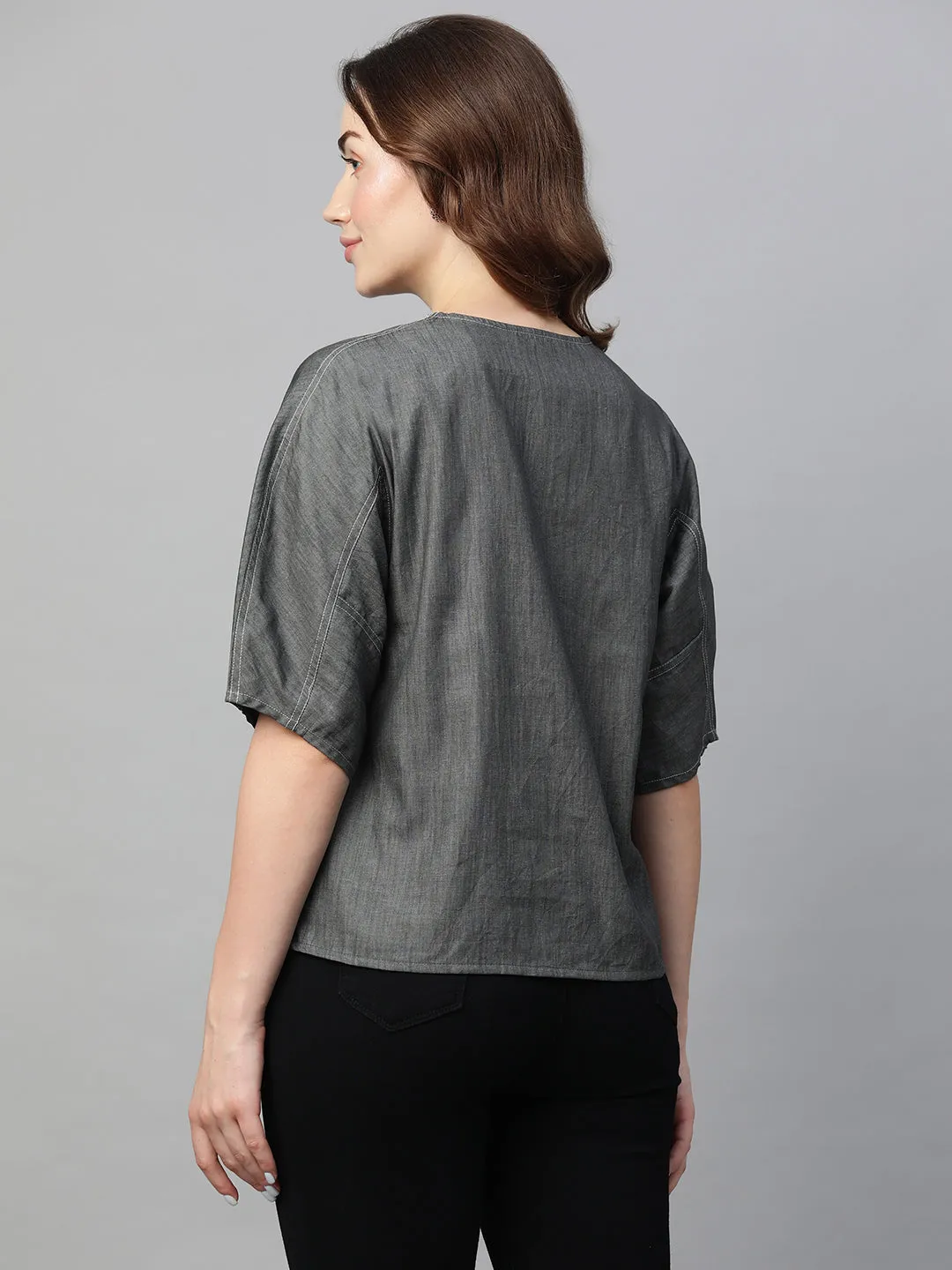 Women's Grey Cotton Regular Fit Blouse