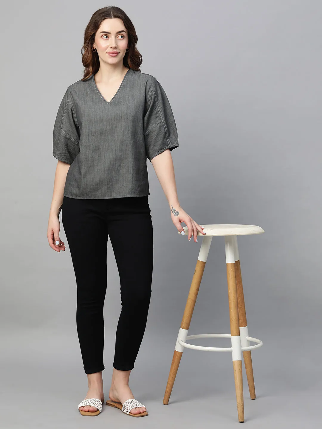 Women's Grey Cotton Regular Fit Blouse