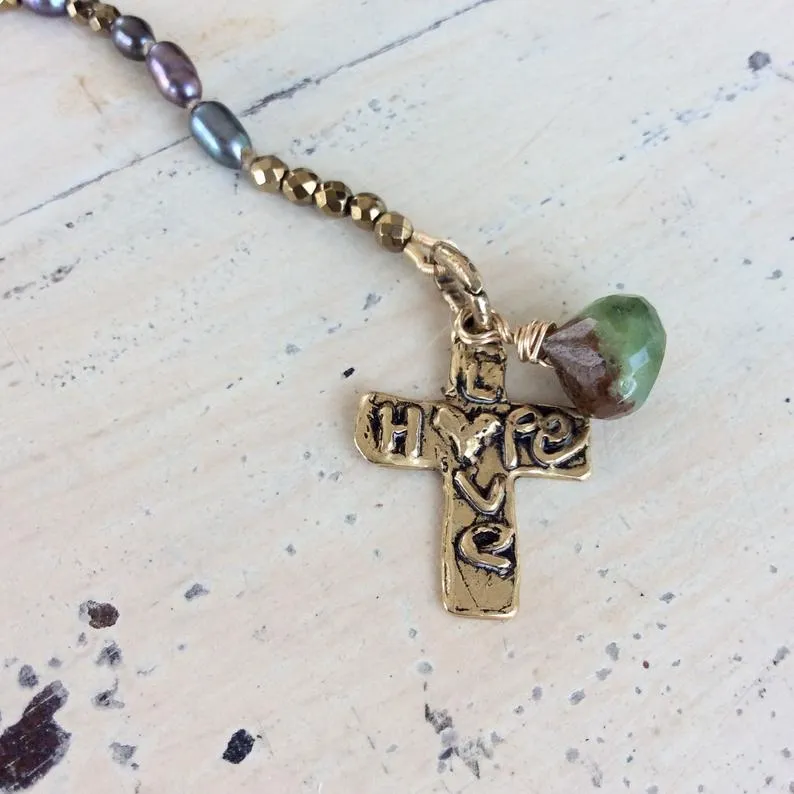 Y Long Pearl Necklace, Hope & Love Cross Necklace, Prasiolite Charm, Religious Jewelry