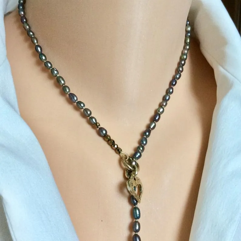 Y Long Pearl Necklace, Hope & Love Cross Necklace, Prasiolite Charm, Religious Jewelry